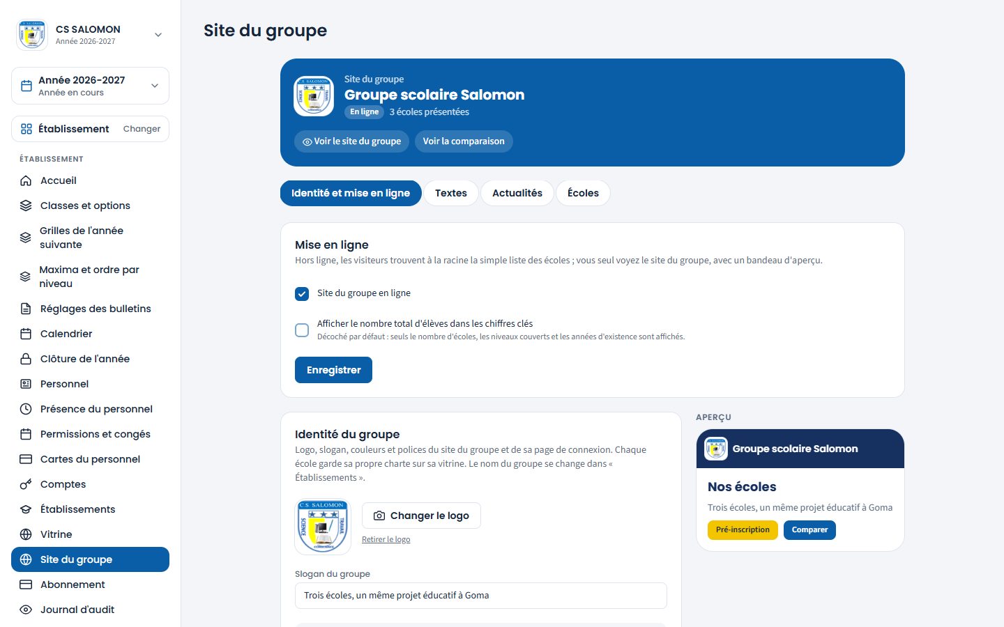 Écran Site du groupe, onglet Identité et mise en ligne (ordinateur)