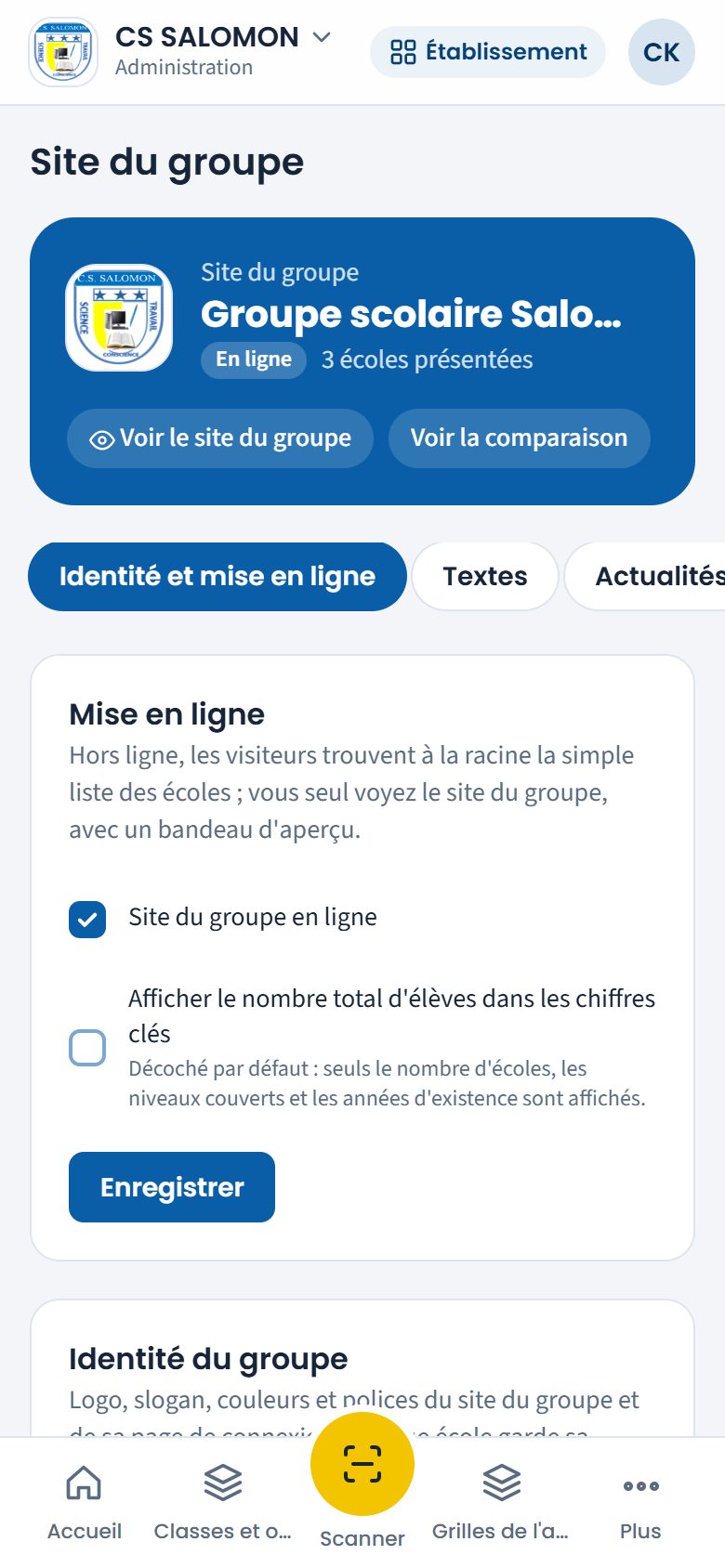 Écran Site du groupe, onglet Identité et mise en ligne (téléphone)