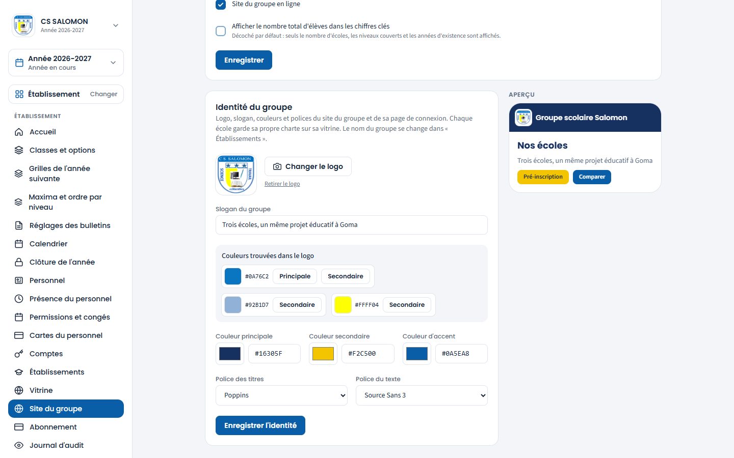 Identité du groupe : logo, slogan, couleurs, polices et aperçu (ordinateur)
