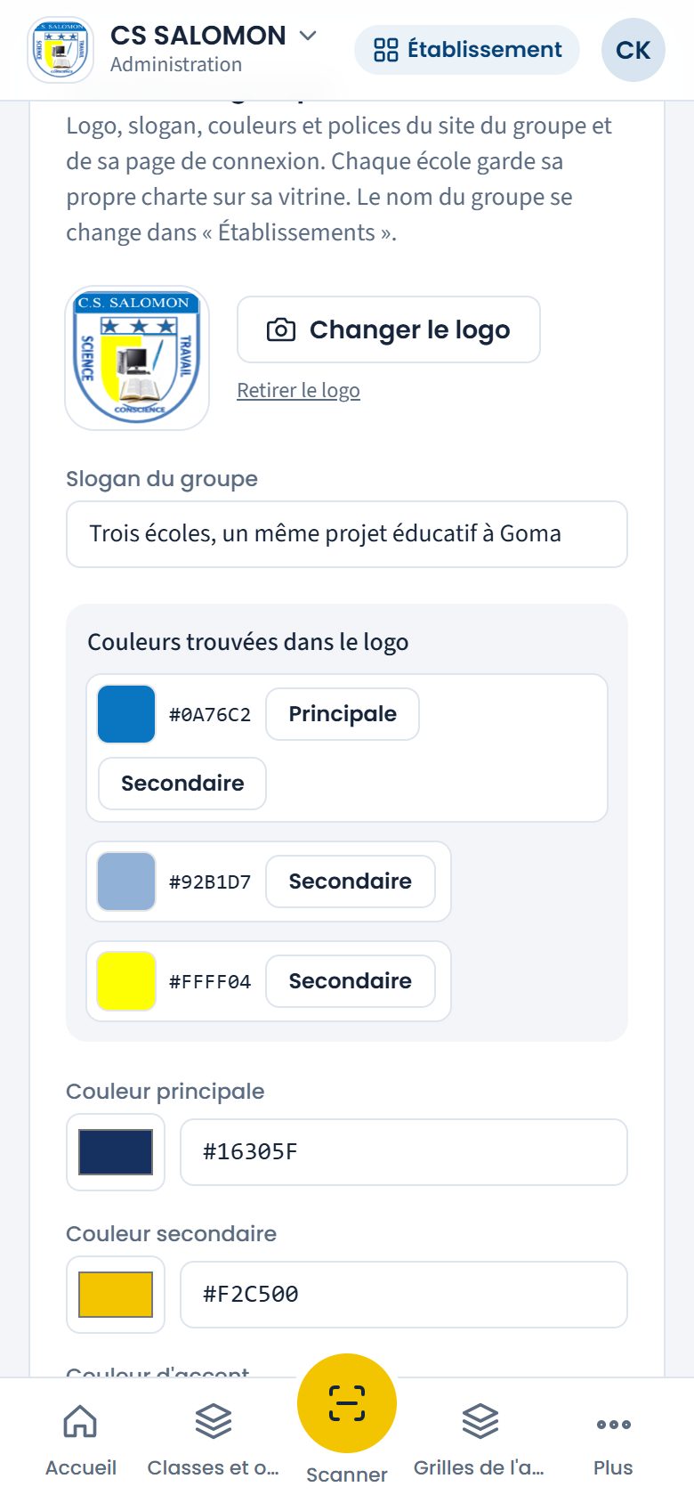 Identité du groupe : logo, slogan, couleurs, polices et aperçu (téléphone)