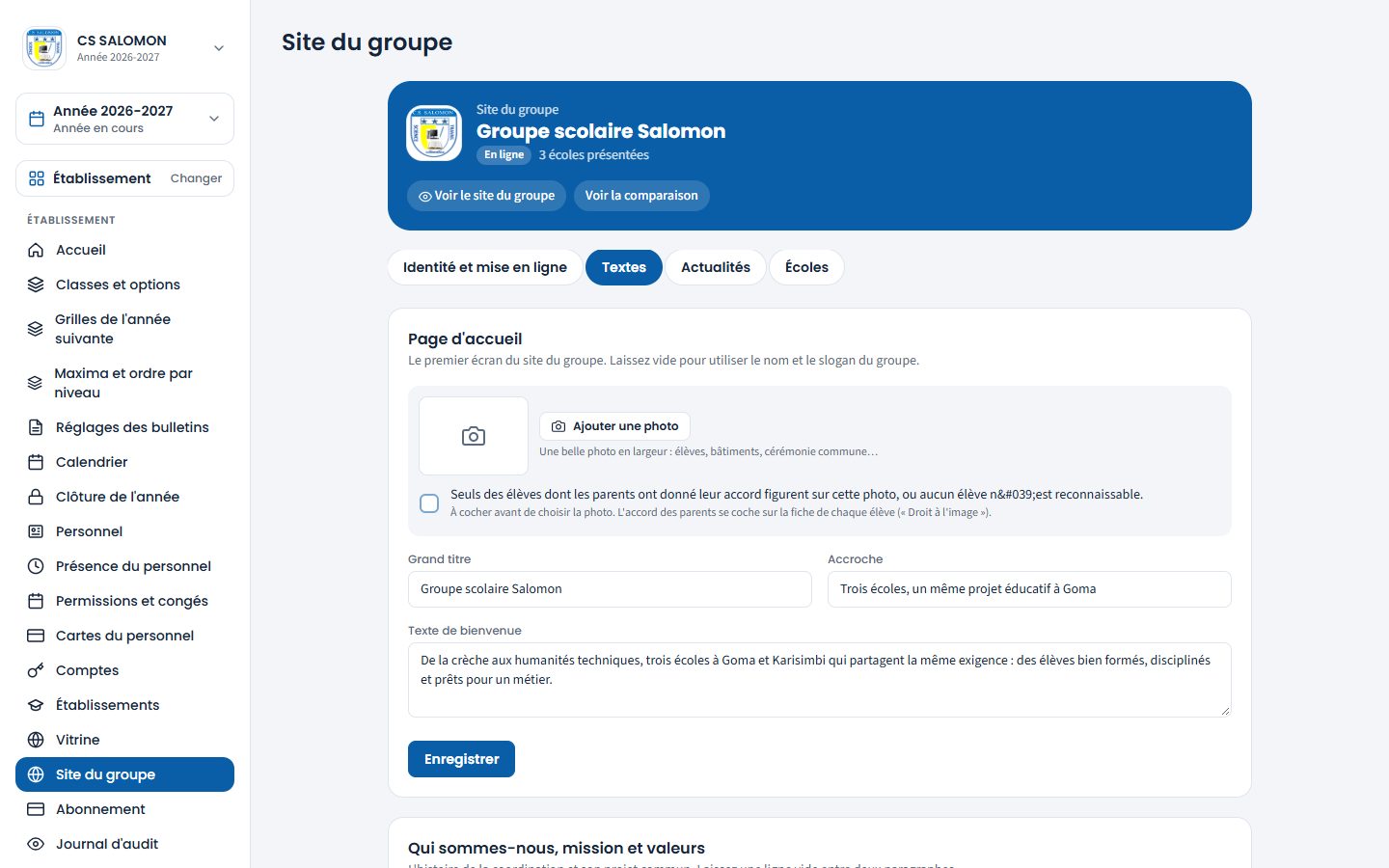 Onglet Textes du site du groupe (ordinateur)