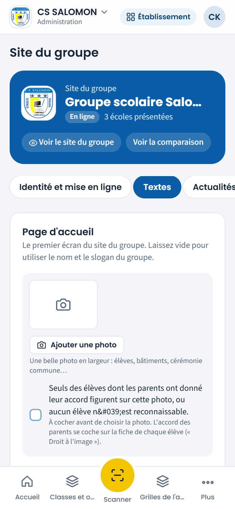 Onglet Textes du site du groupe (téléphone)