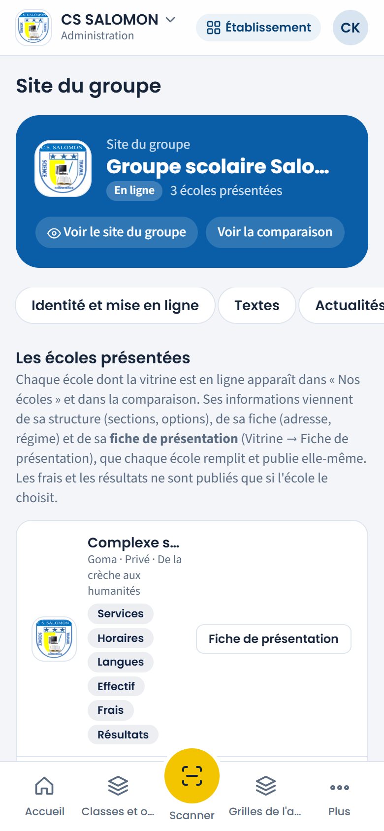Onglet Écoles du site du groupe (téléphone)