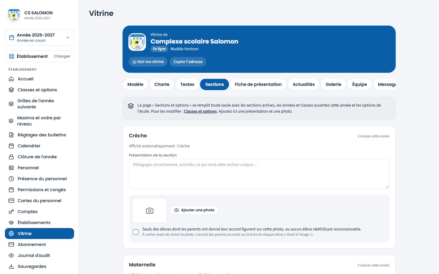 Sections et options sur la vitrine (ordinateur)