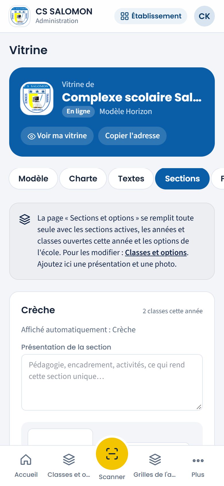 Sections et options sur la vitrine (téléphone)