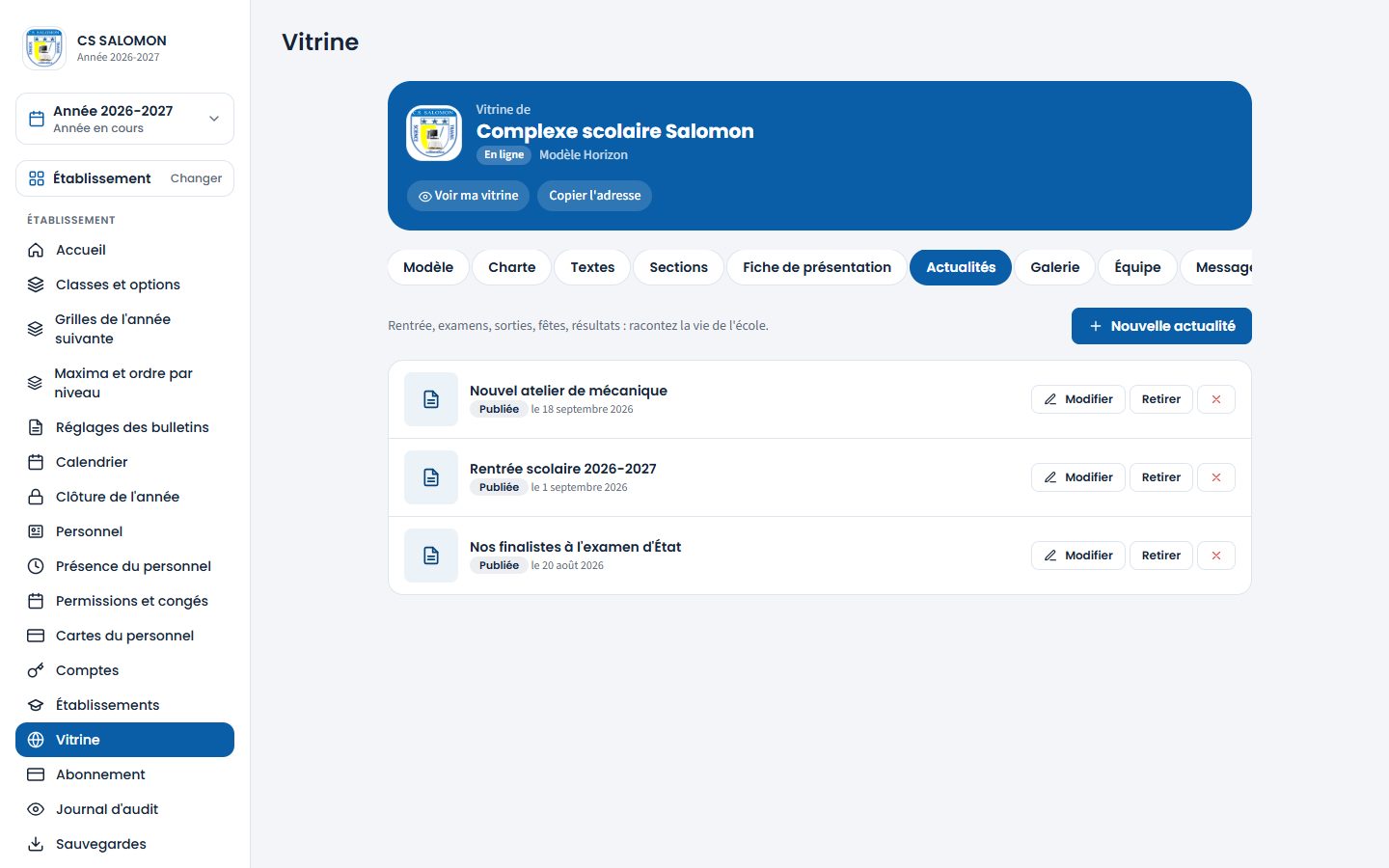 Actualités de la vitrine (ordinateur)