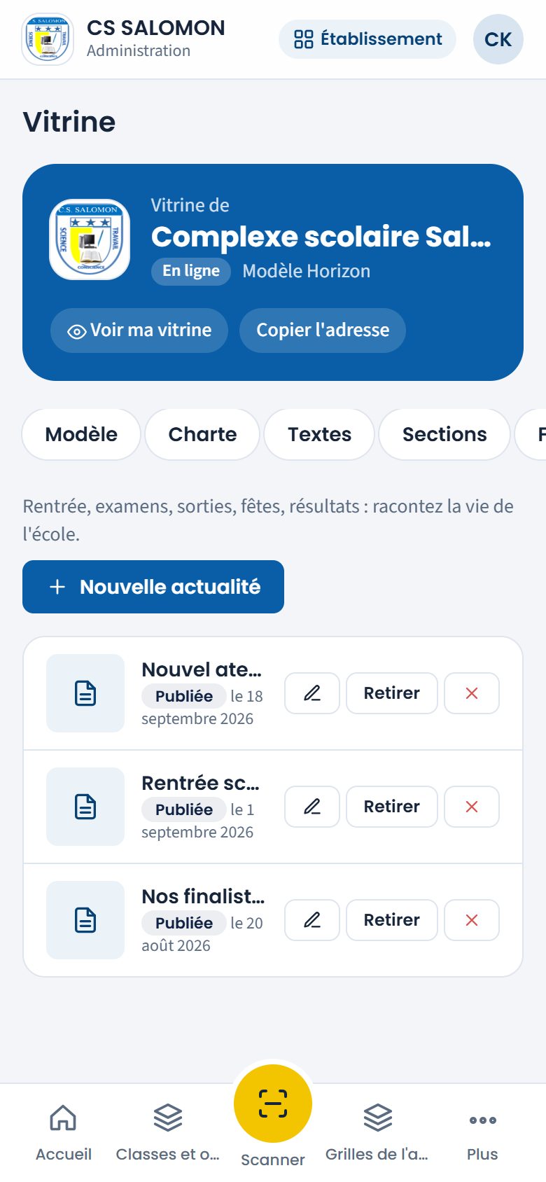 Actualités de la vitrine (téléphone)