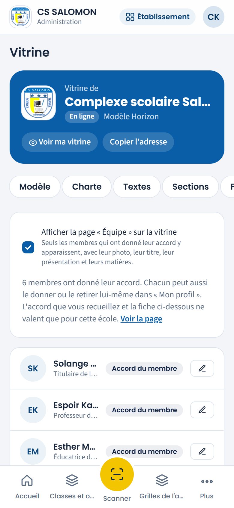 Page Équipe et accords (téléphone)