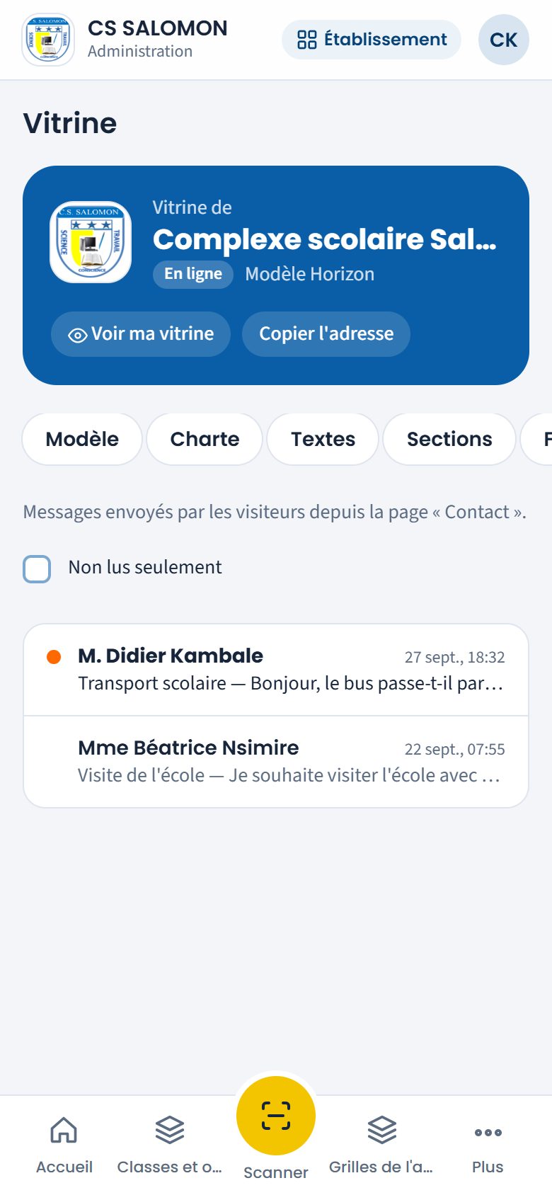 Messages reçus par la vitrine (téléphone)