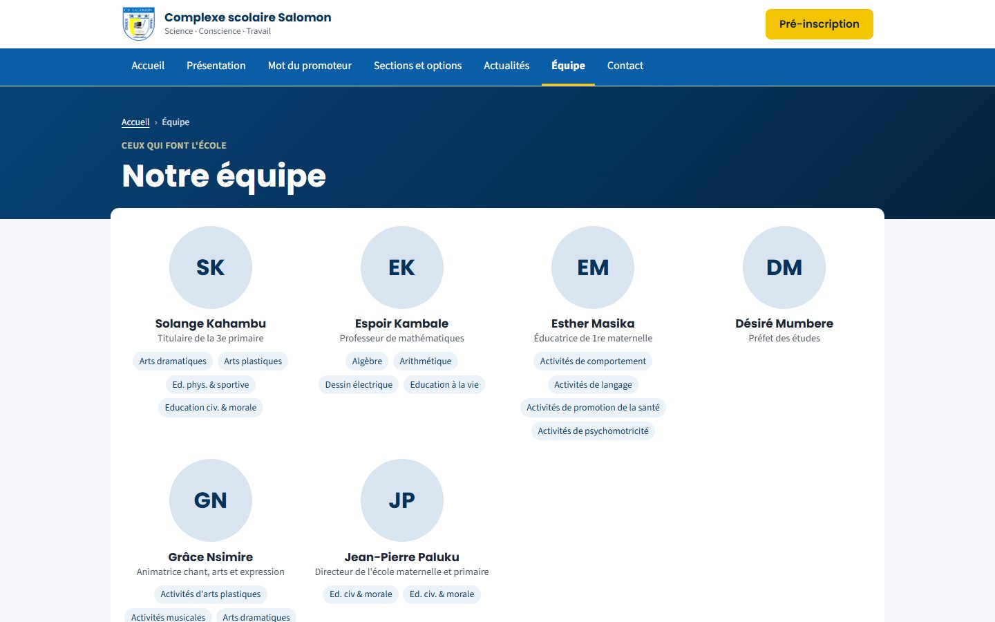 Page Équipe de la vitrine (ordinateur)