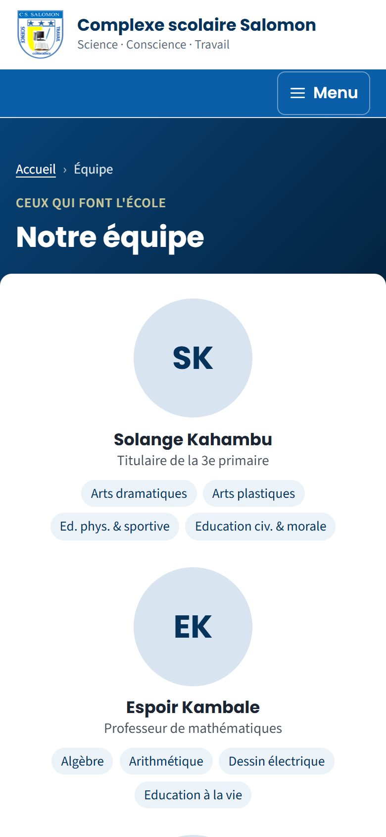 Page Équipe de la vitrine (téléphone)