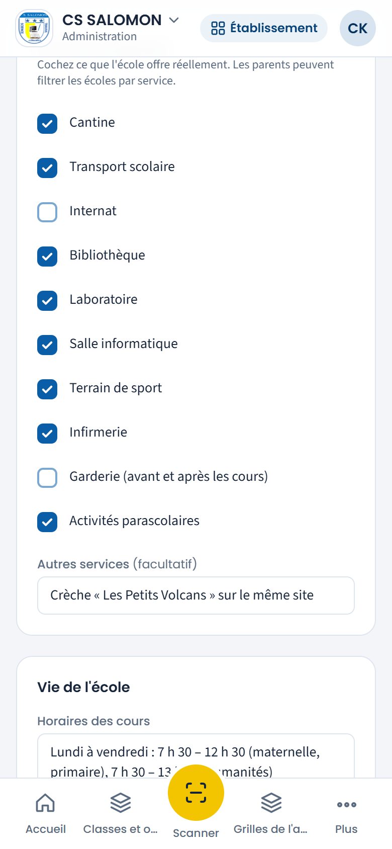 Fiche de présentation de l'école (téléphone)