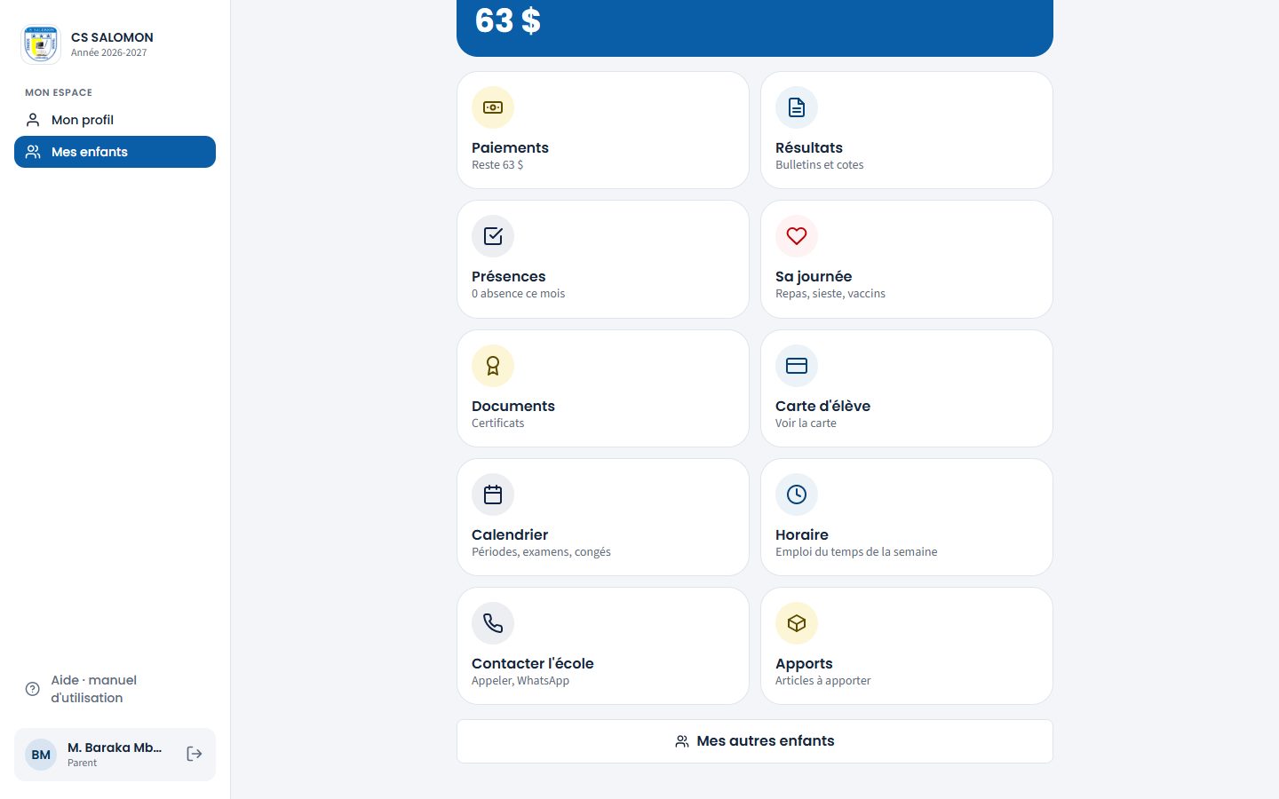 Fiche de l'enfant avec la carte Apports (ordinateur)