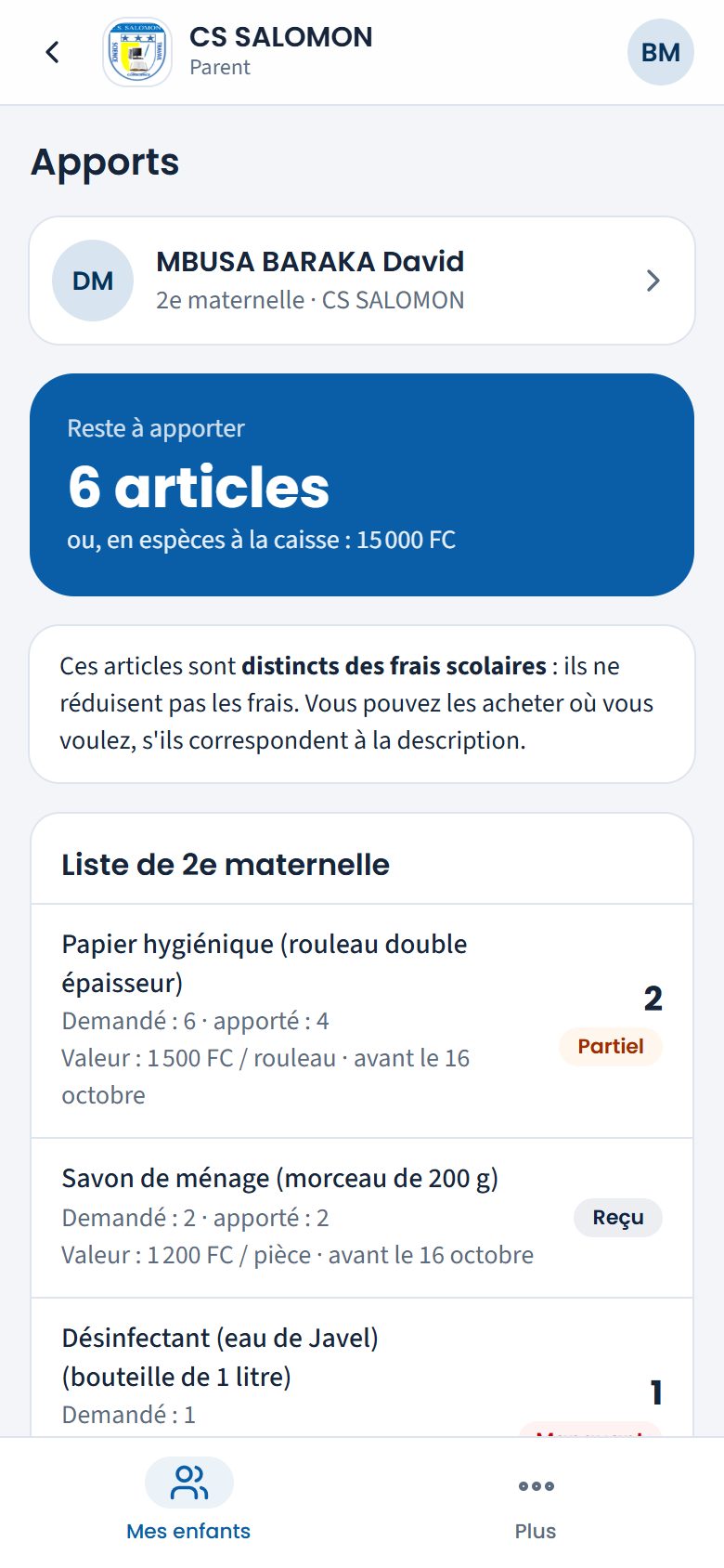 Rubrique Apports de MBUSA BARAKA David (téléphone)