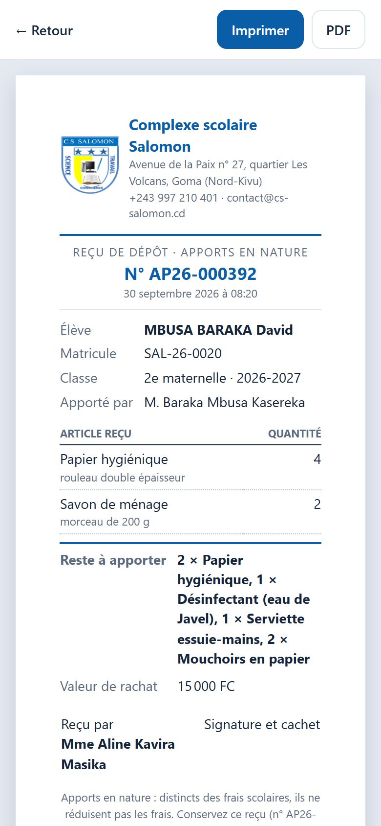 Reçu de dépôt vu par le parent (téléphone)