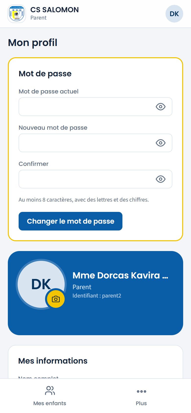 Choix du mot de passe à la première connexion (téléphone)
