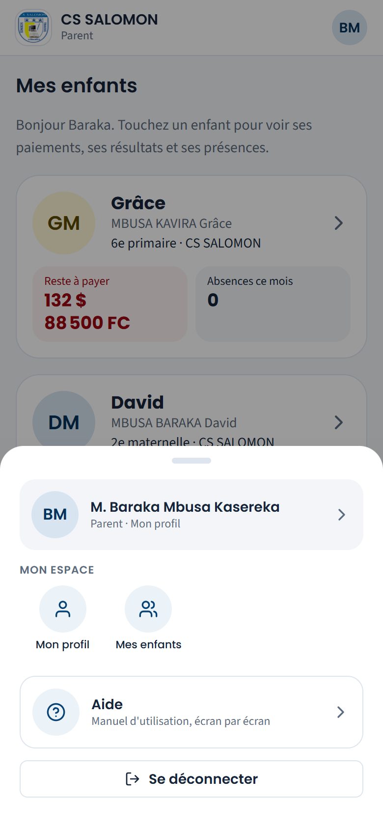 Feuille « Plus » du parent (téléphone)