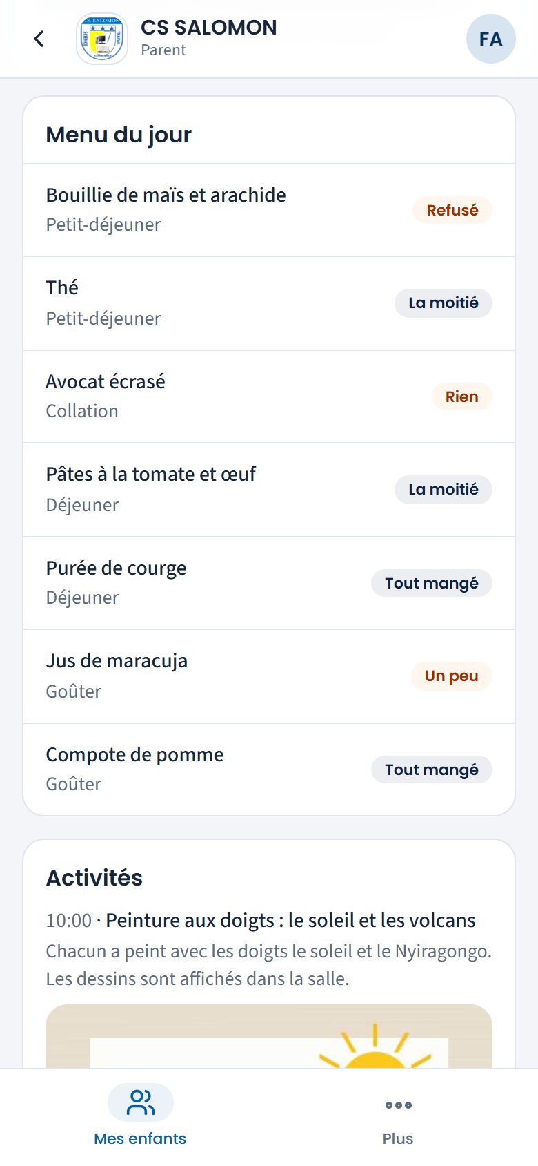 Menu du jour et activités (téléphone)