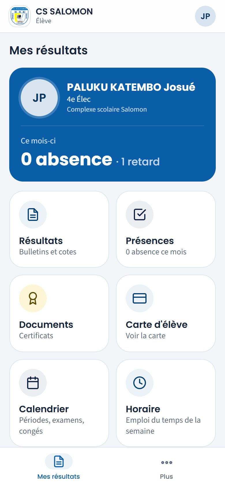 Accueil de l'espace élève (téléphone)