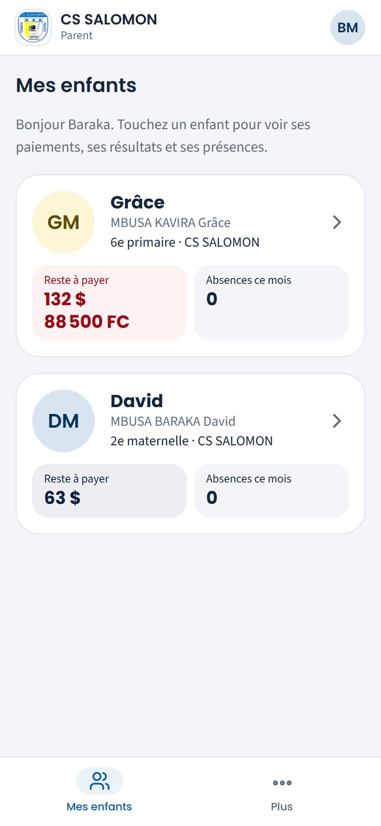 Page « Mes enfants » de M. Baraka (téléphone)