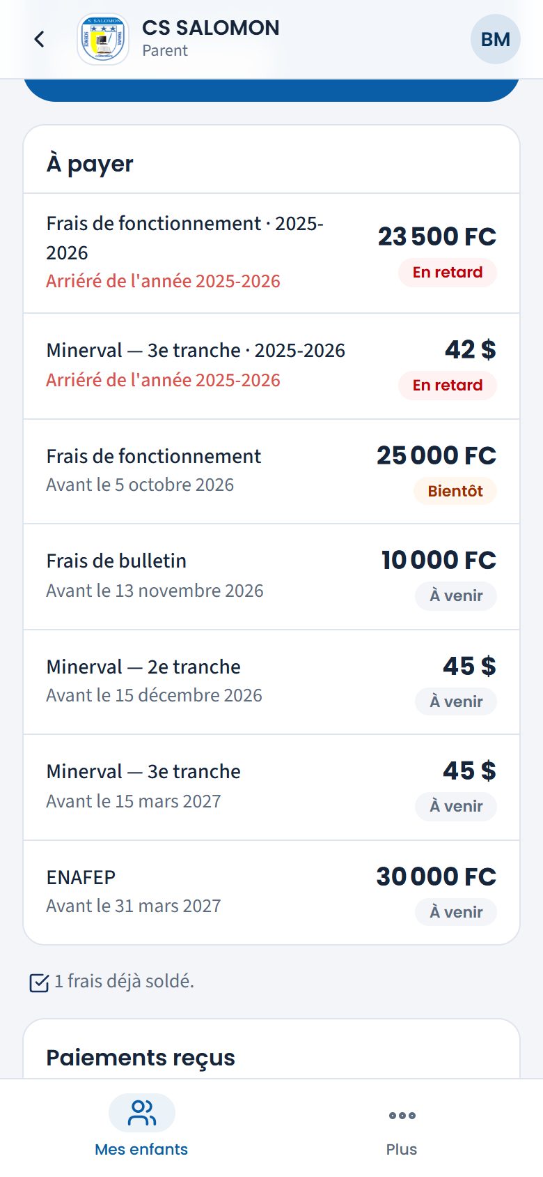 Liste des frais à payer (téléphone)