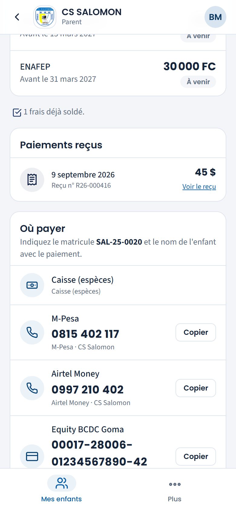 Comptes de l'école pour payer (téléphone)