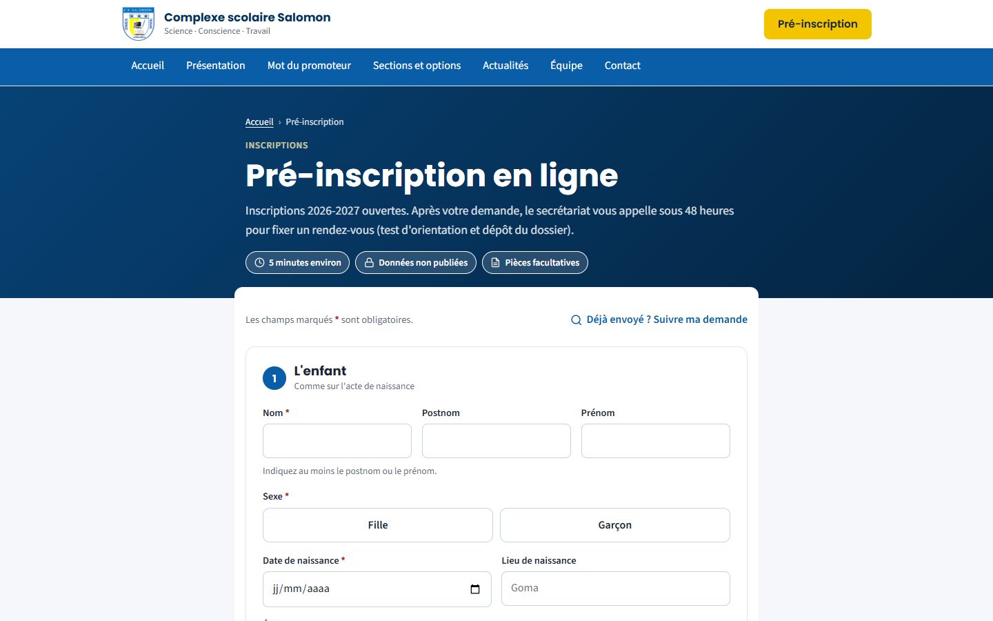 Formulaire de pré-inscription (ordinateur)