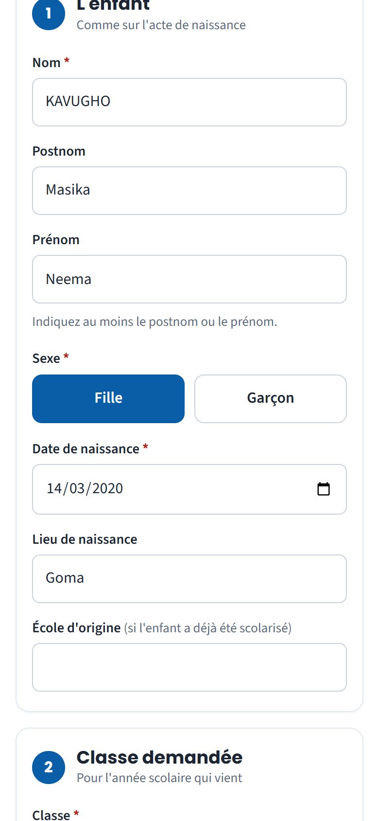 Partie « L'enfant » remplie (téléphone)