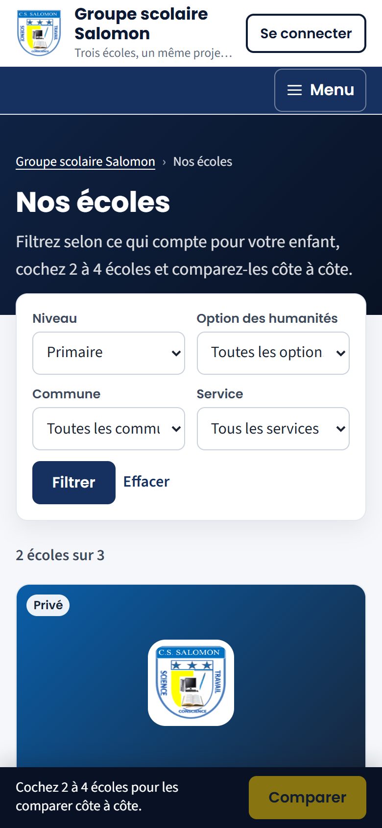 Nos écoles filtrées sur le primaire (téléphone)