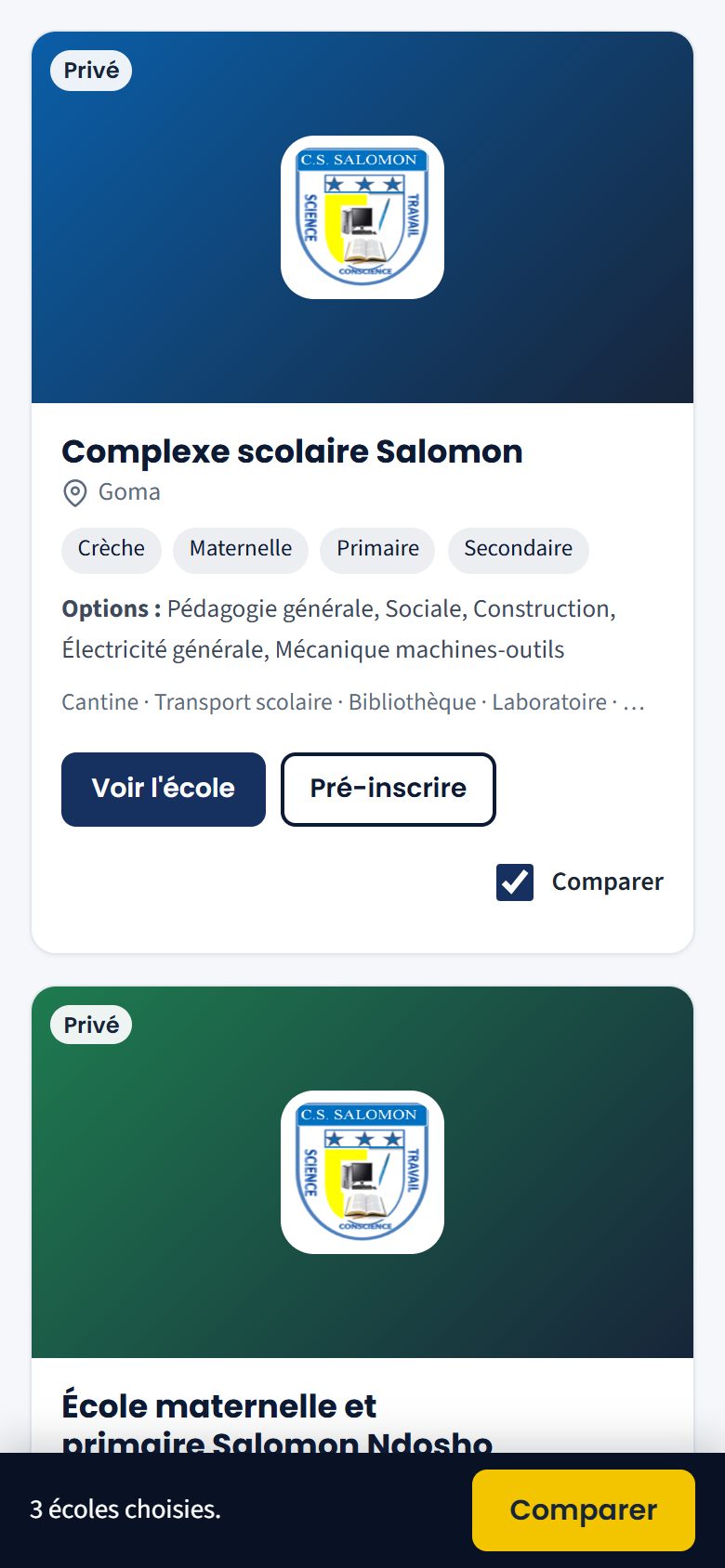 Trois écoles cochées pour la comparaison (téléphone)