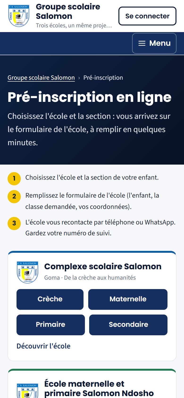 Pré-inscription depuis le site du groupe (téléphone)