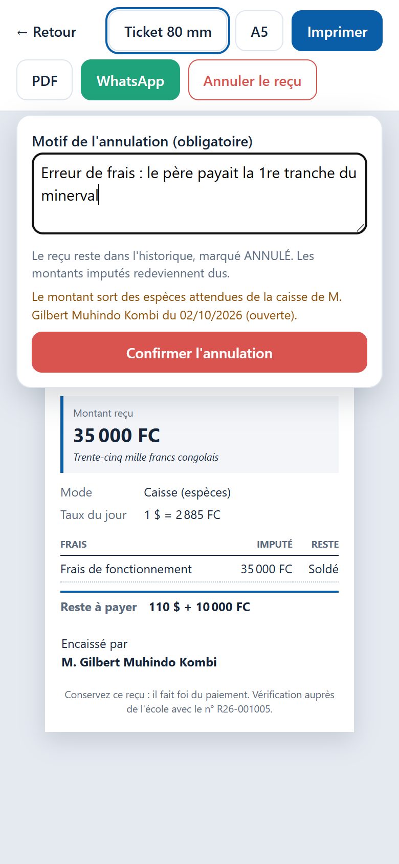 Annulation d'un reçu de la caisse ouverte (téléphone)