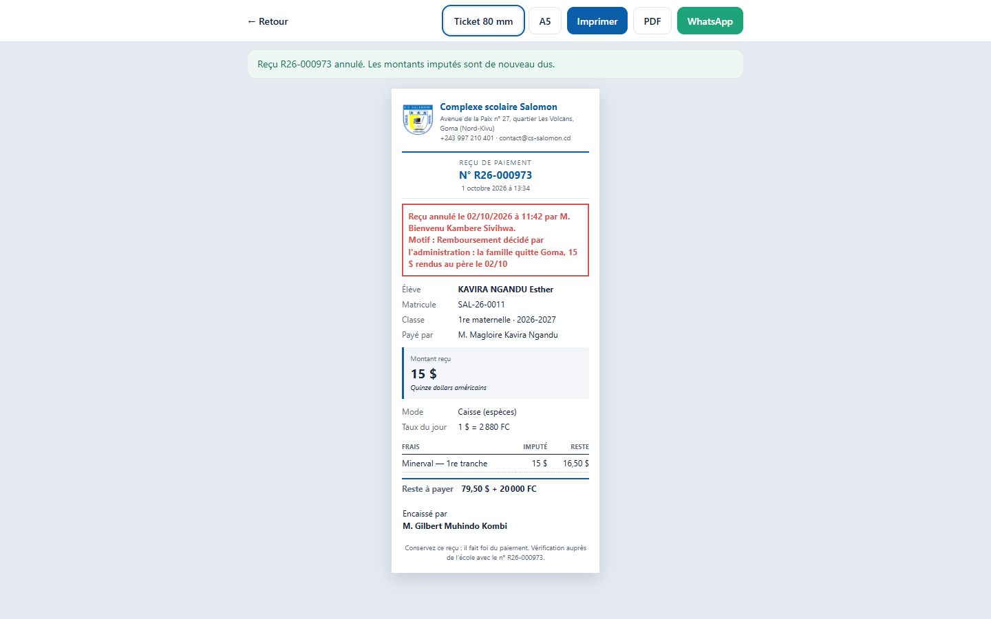 Reçu annulé par le comptable (ordinateur)