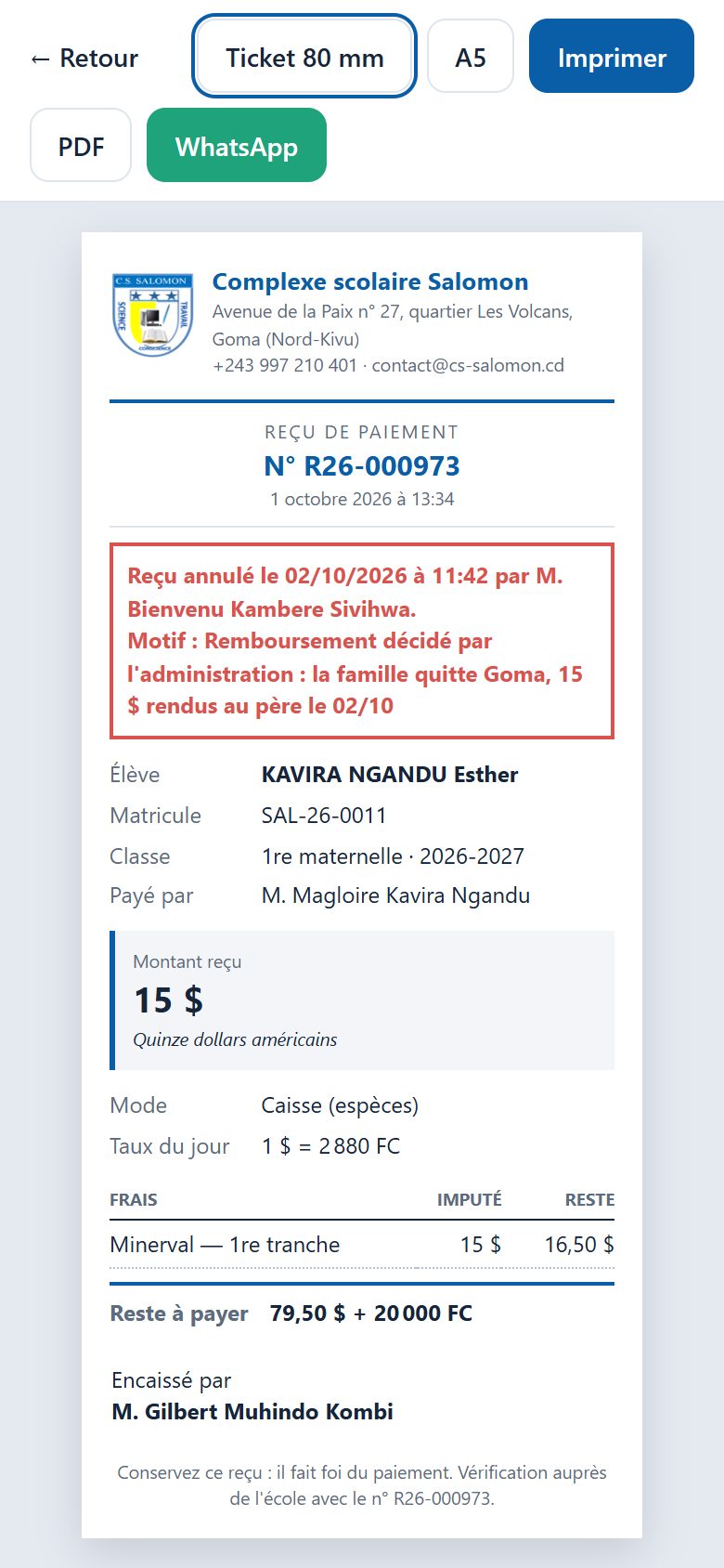 Reçu annulé par le comptable (téléphone)