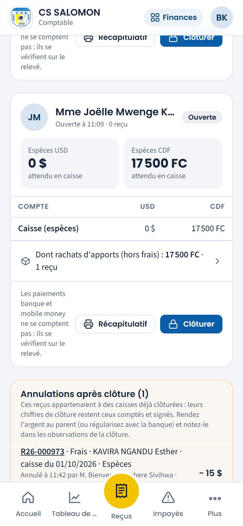 Bloc Annulations après clôture (téléphone)