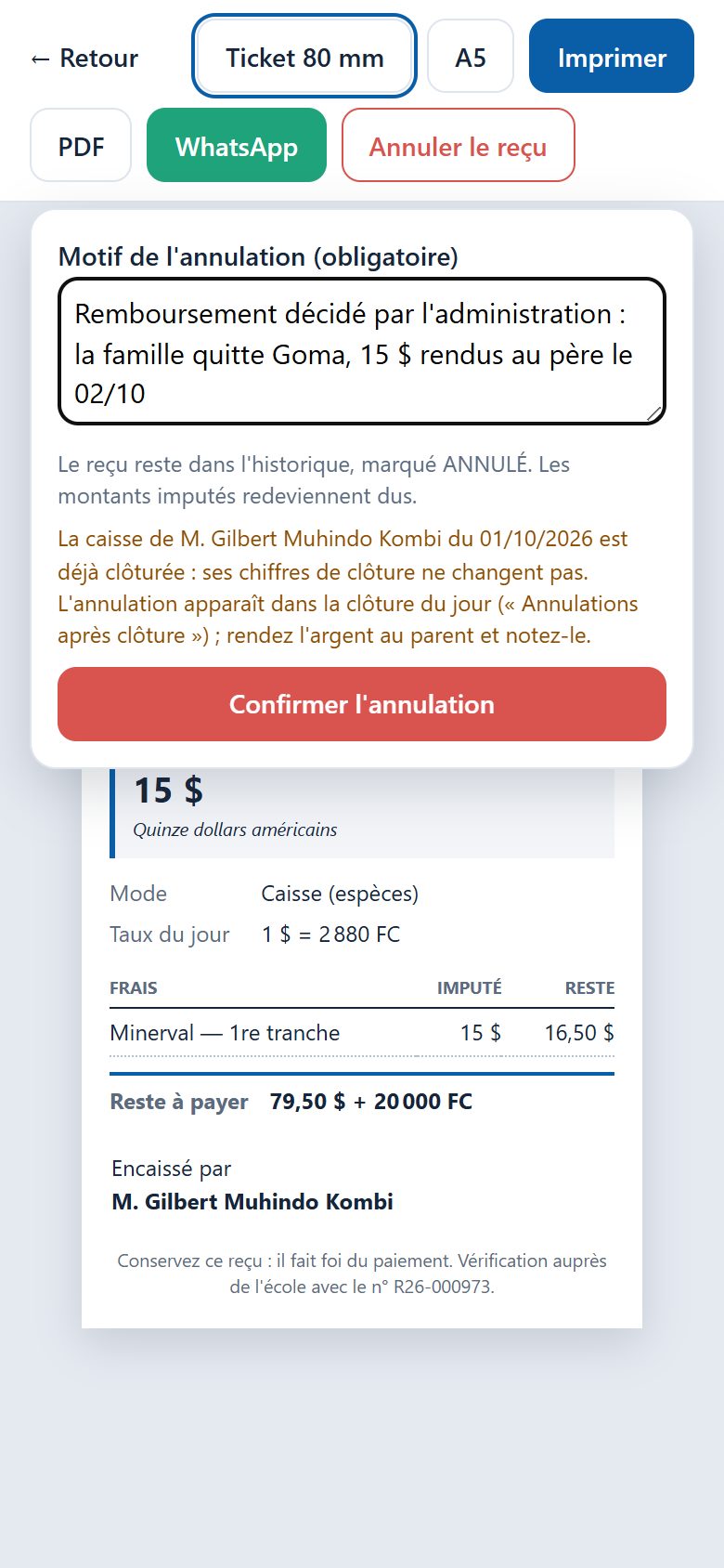 Annulation d'un reçu d'une caisse clôturée (téléphone)