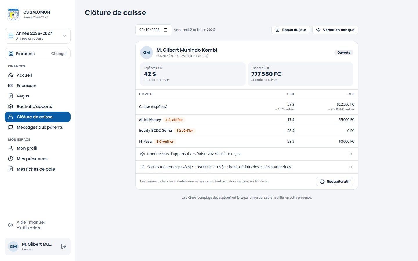 Caisse du jour du percepteur (ordinateur)