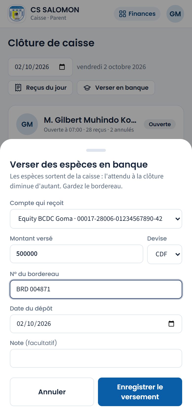 Versement d'espèces en banque (téléphone)