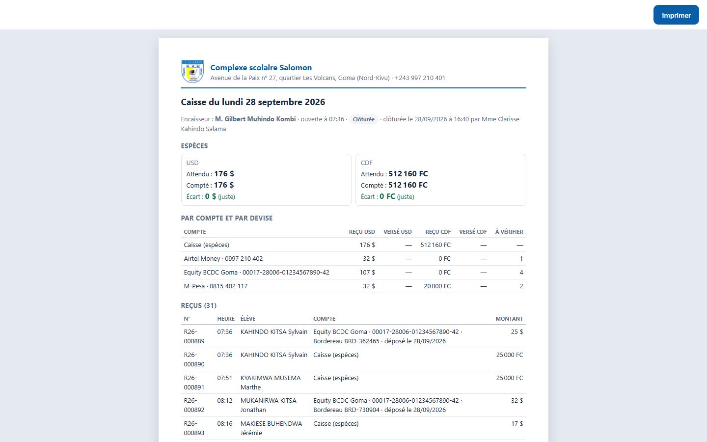 Récapitulatif imprimable d'une caisse (ordinateur)