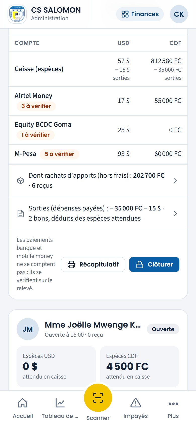 Ligne Sorties de la caisse du jour (téléphone)