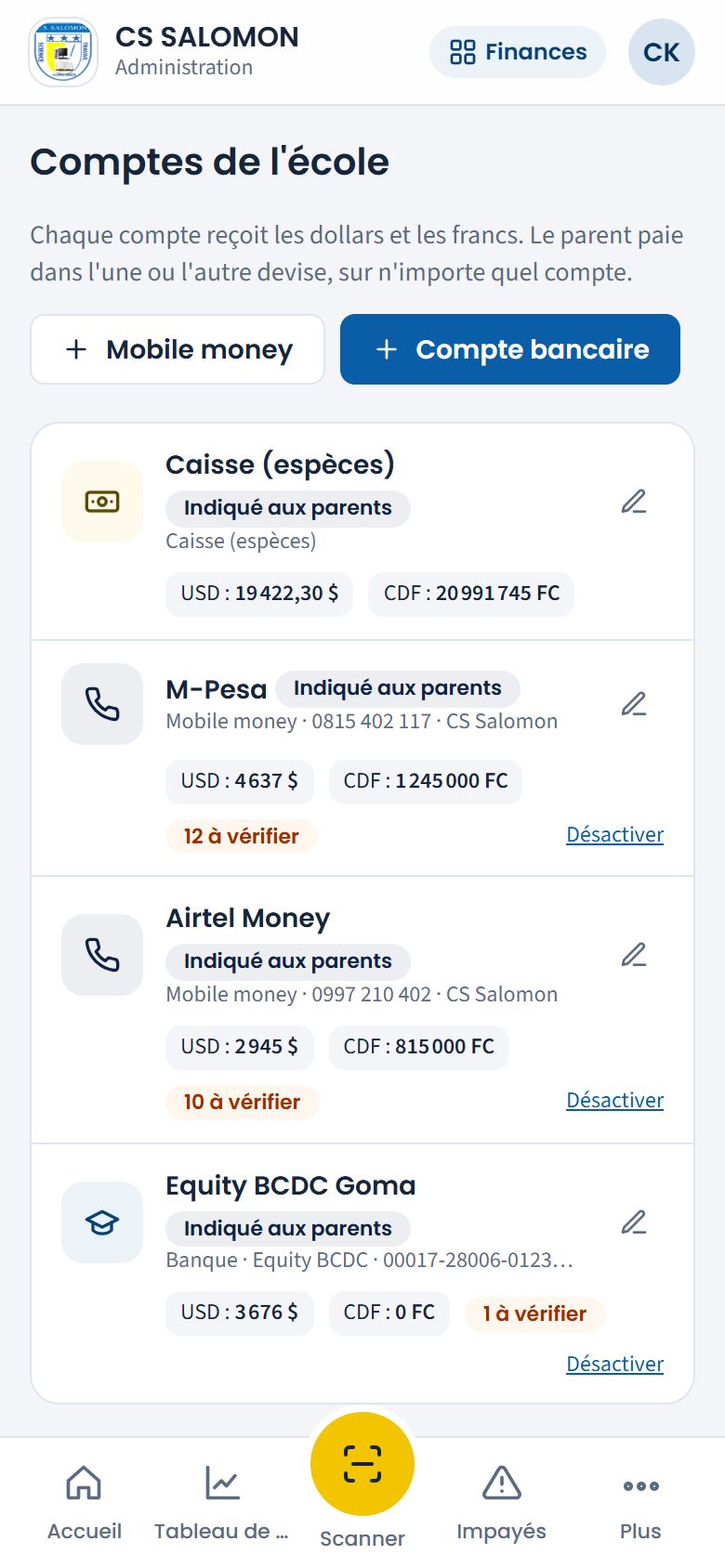 Liste des comptes de l'école (téléphone)