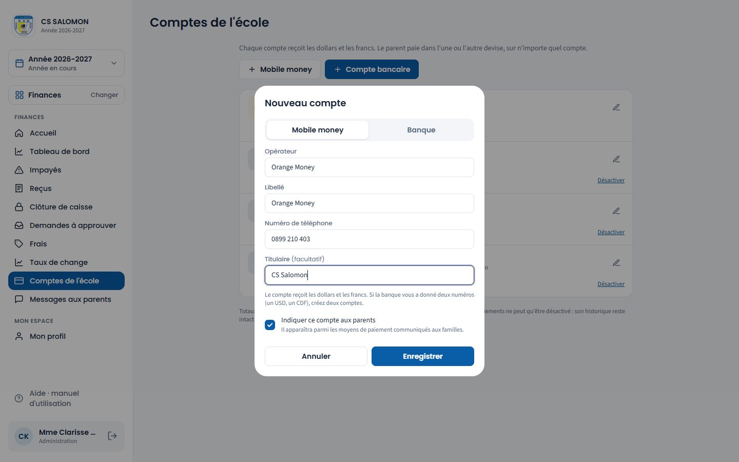 Ajout d'un compte Orange Money (ordinateur)