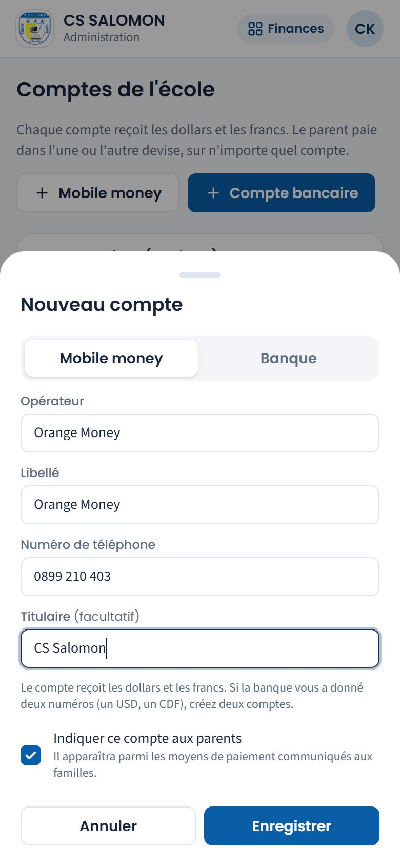 Ajout d'un compte Orange Money (téléphone)