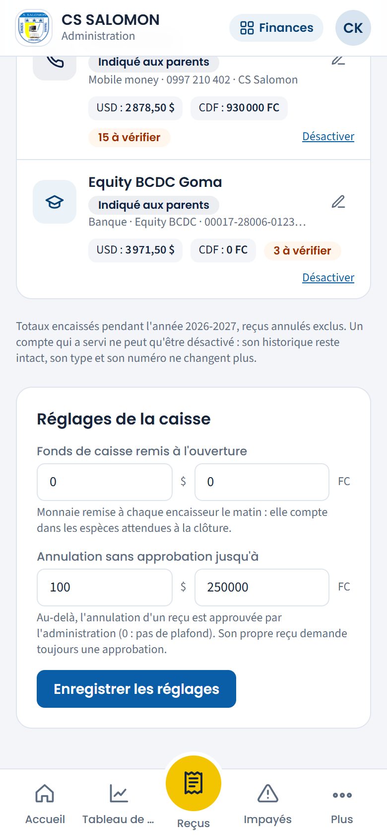 Réglages de la caisse (téléphone)