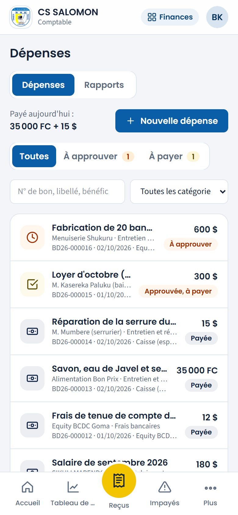 Liste des dépenses du comptable (téléphone)