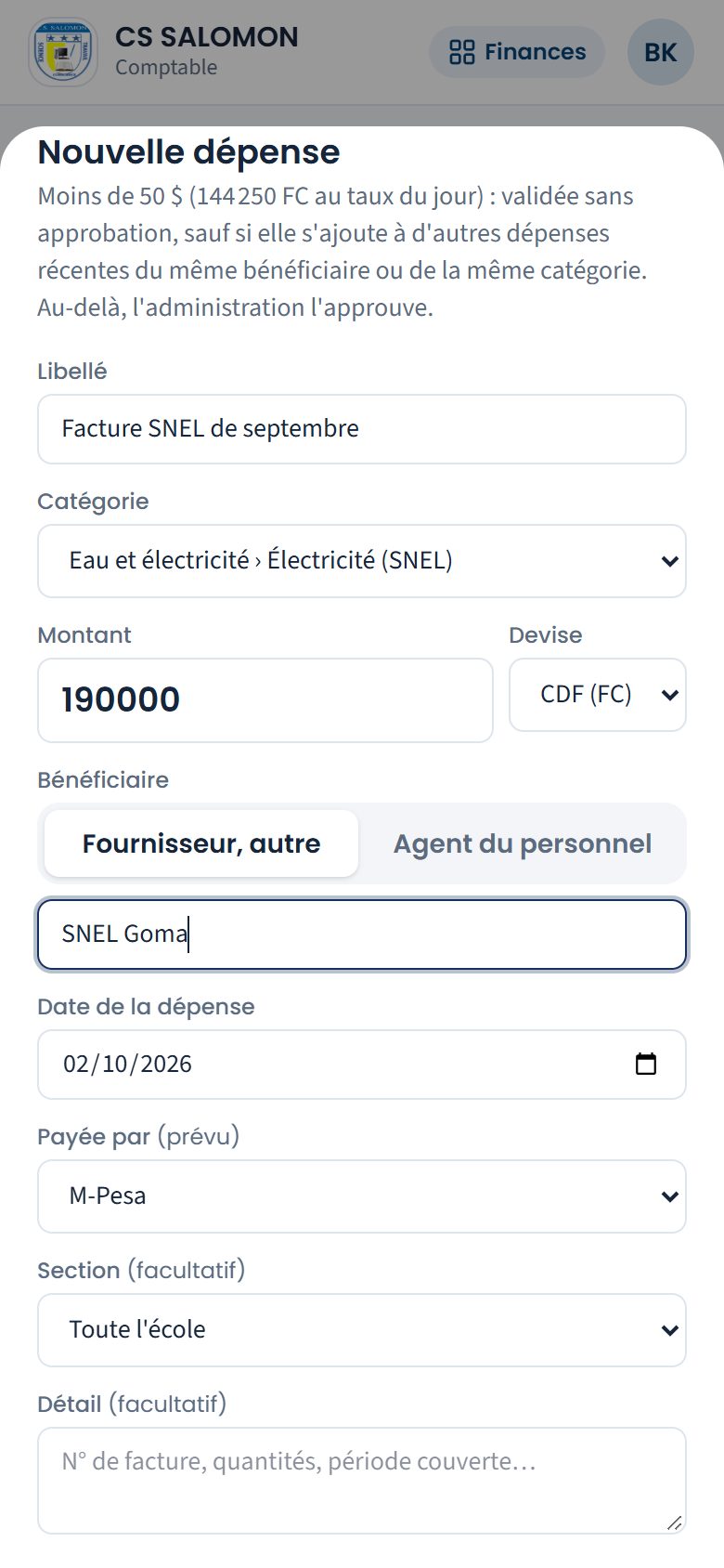 Formulaire d'une nouvelle dépense (téléphone)
