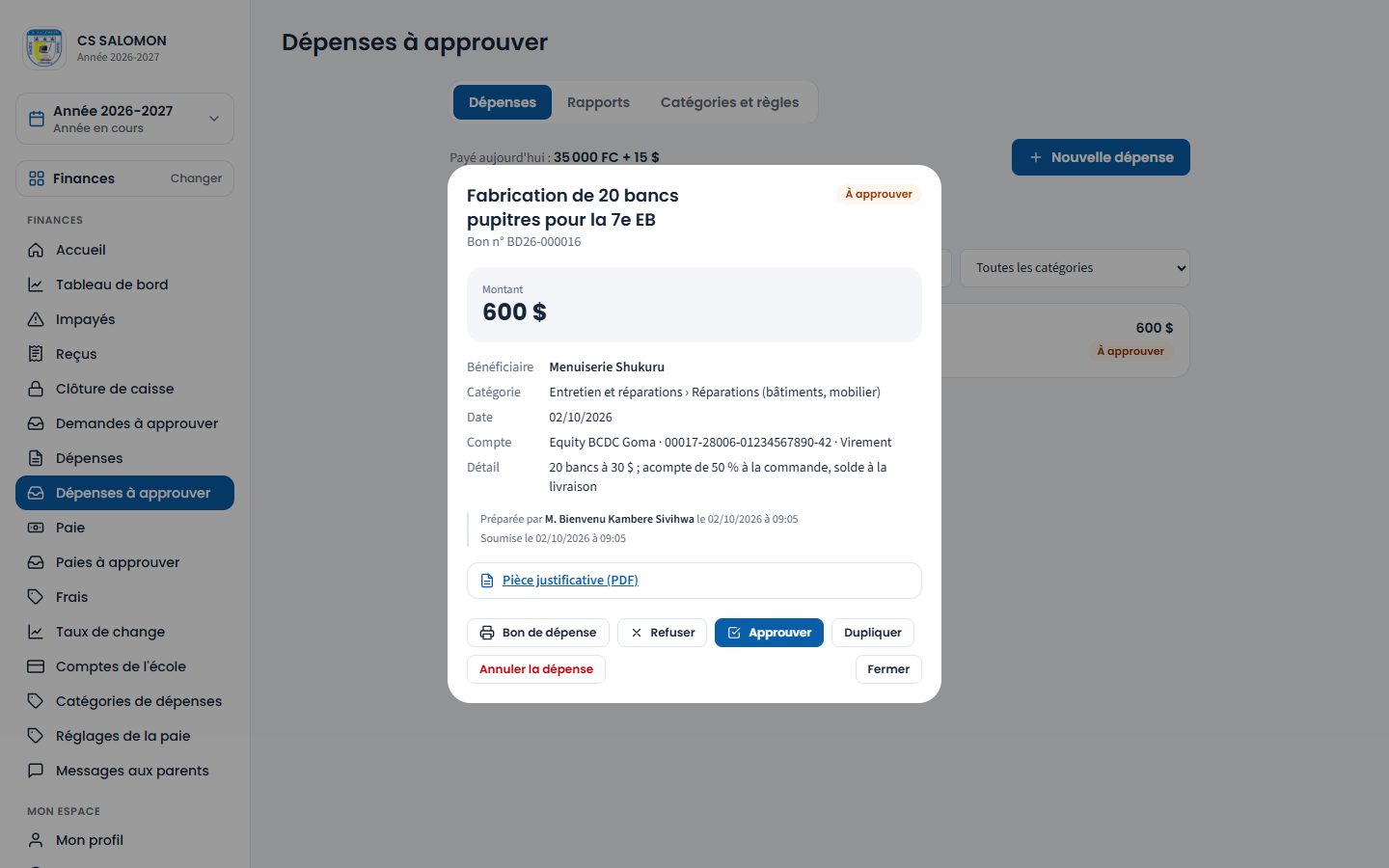 Bon des 20 bancs à approuver (ordinateur)