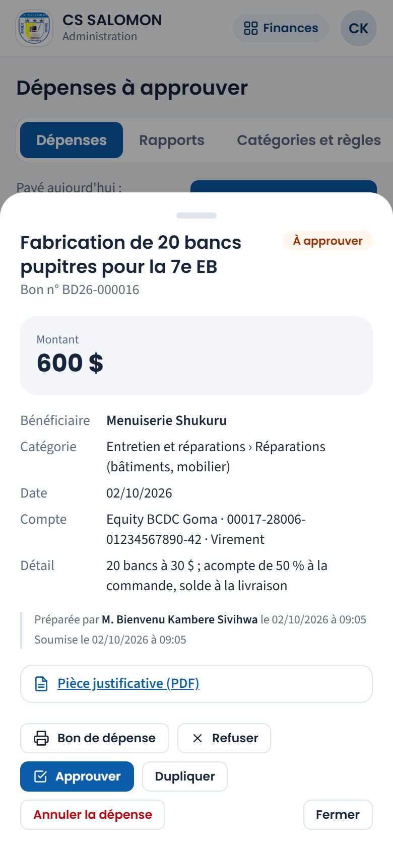 Bon des 20 bancs à approuver (téléphone)