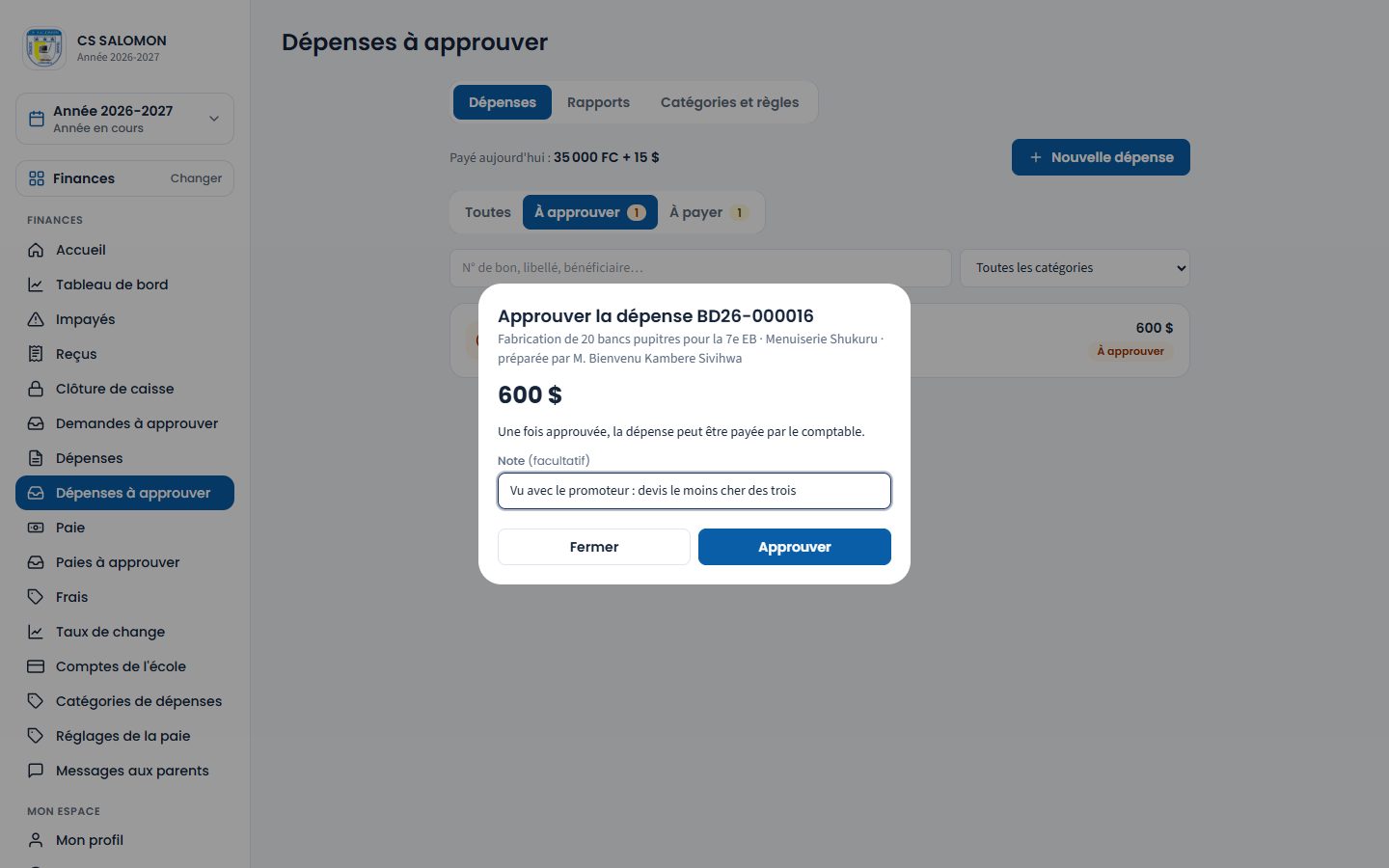 Feuille d'approbation d'une dépense (ordinateur)