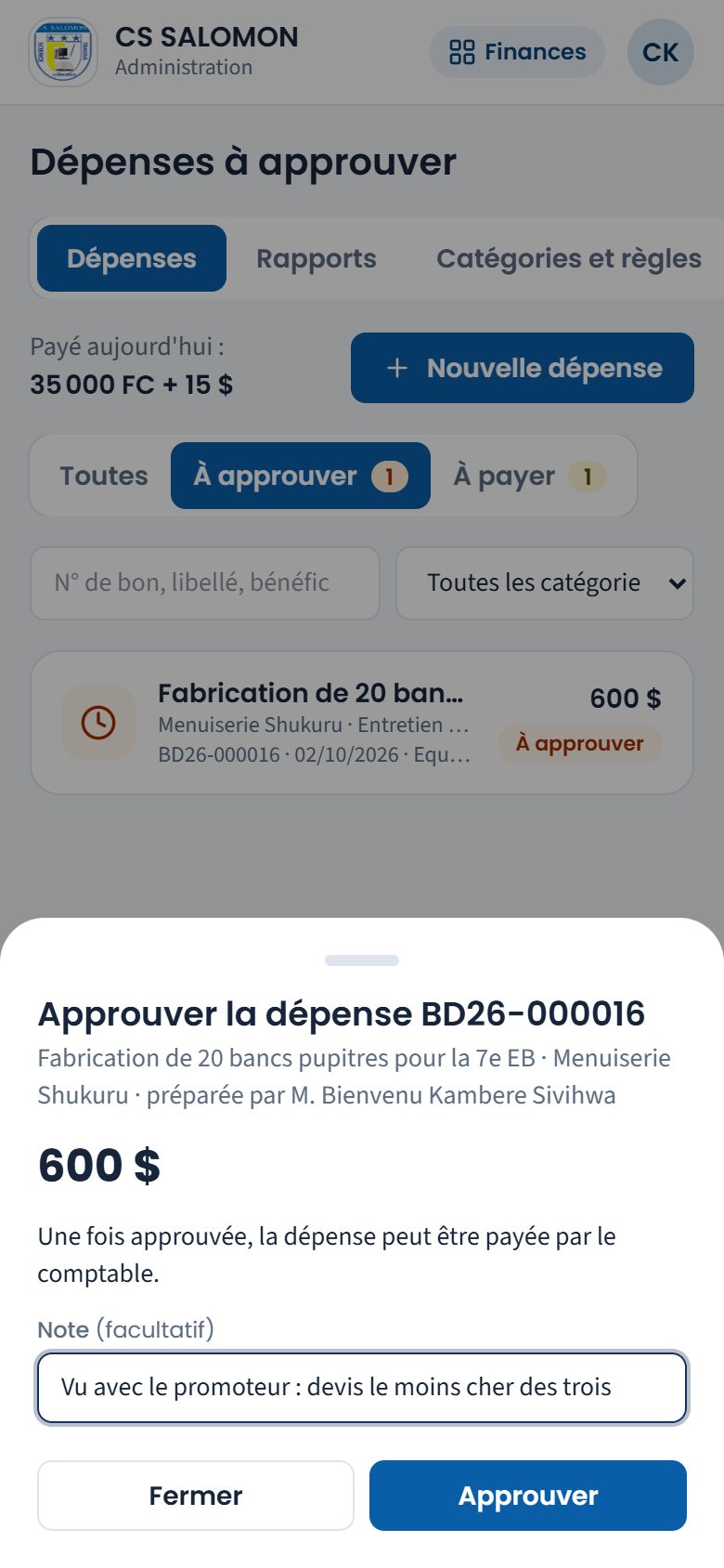 Feuille d'approbation d'une dépense (téléphone)